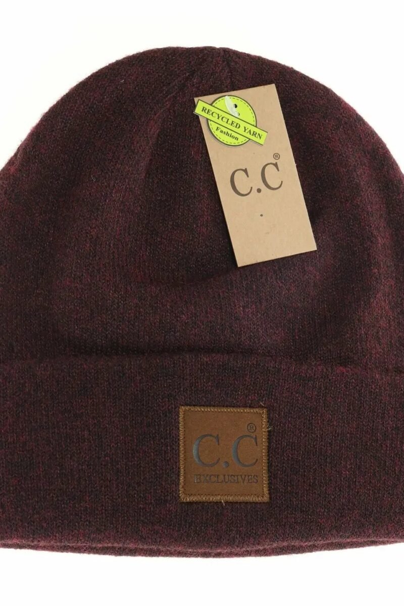 Unisex Soft Ribbed Leather Patch C.C. Beanie - Heather Wine