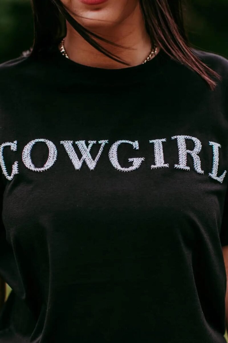Cowgirl Sequins Engraved White 3D Embroidery Tee