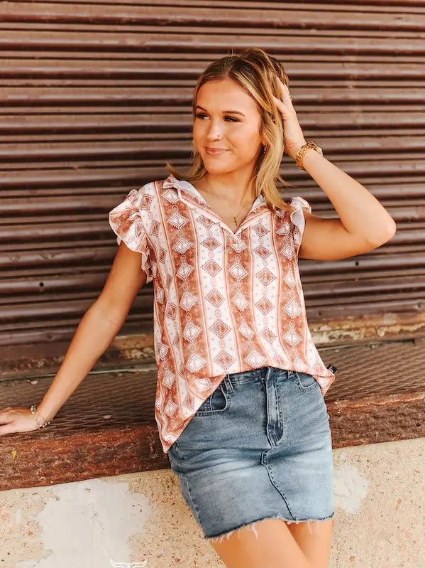 Rust Aztec Short Sleeve V-Neck Ruffle Sleeve Top