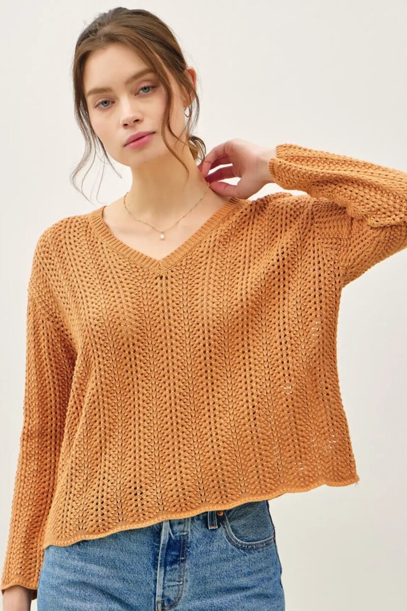 Crochet Knit V-Neck Boxy Sweater