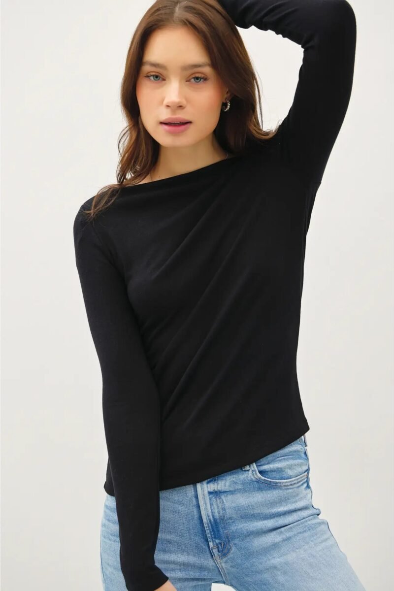Basic Boat Neck Long Sleeve Knit Top - Black