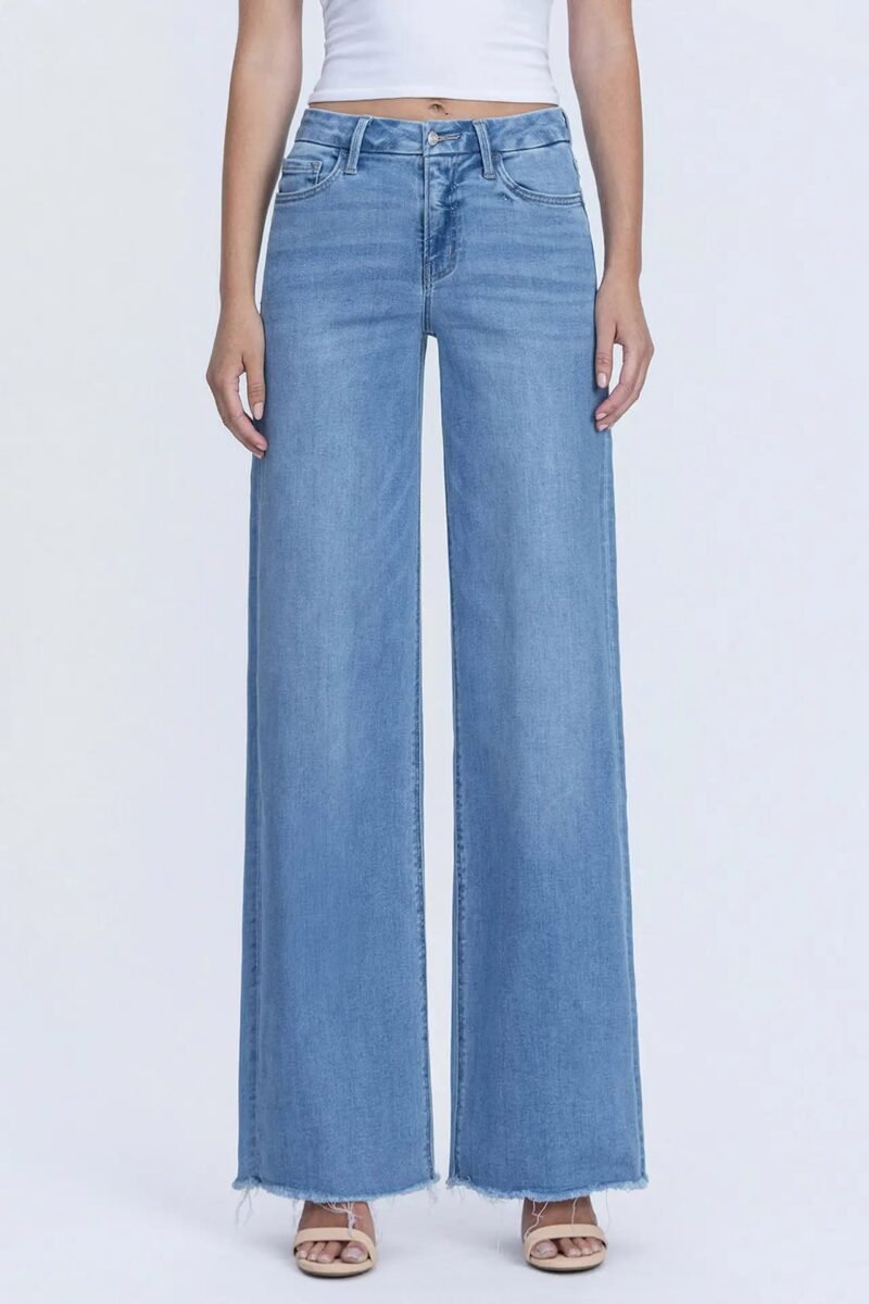 High Rise Medium Wash Frayed Hem Wide Leg Jeans