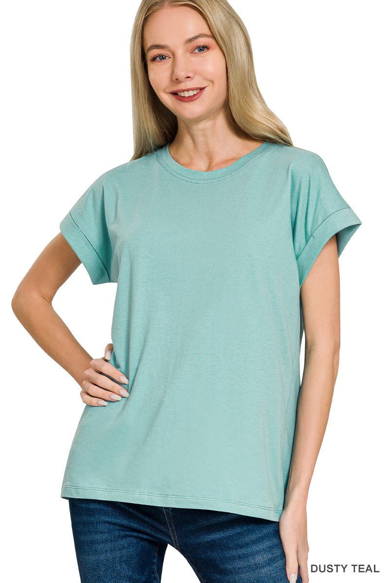Cotton Folded Sleeve T-Short - Dusty Teal