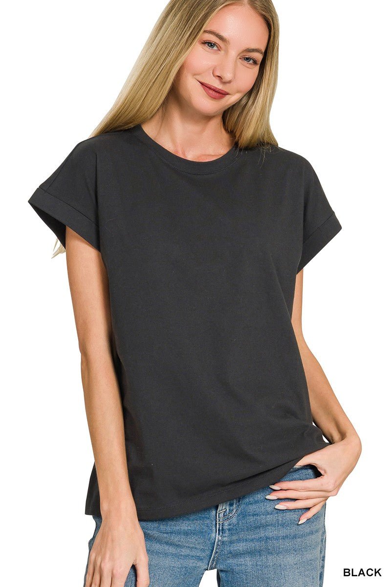 Cotton Folded Sleeve T-shirt - Black