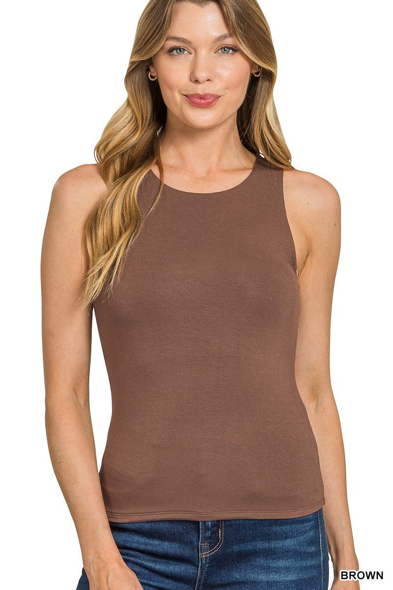 Premium Rayon Double Layered Round Neck Tank Top – Brown